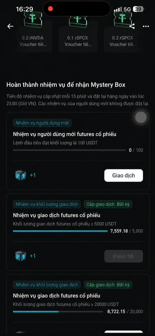 A mobile screenshot of Bitget's "Hoàn thành nhiệm vụ để nhận Mystery Box" (Complete tasks to get Mystery Box) rewards page, showing progress on futures trading tasks with volumes of 7,559.18/5,000 USDT and 8,722.15/20,000 USDT completed, tied to the Trading Club campaign offering a 20,000 USDT reward pool and Mystery Box prizes.