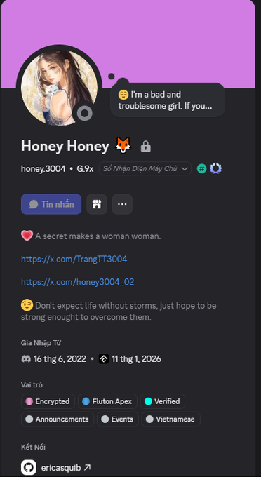 A Discord/Telegram profile page for 'Honey Honey' (honey.3004) featuring an anime-style avatar, a fox emoji, and text including 'I'm a bad and troublesome girl. If you...' along with X/Twitter links.