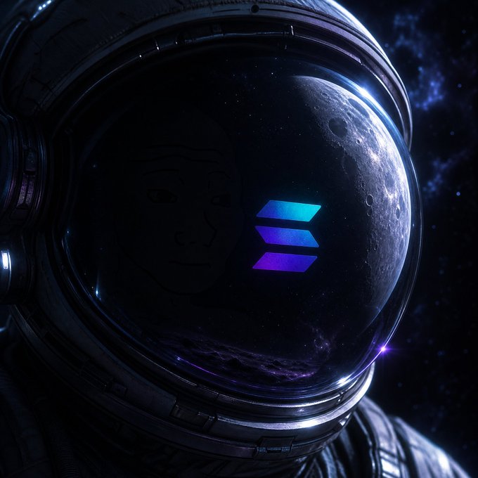 A digital artwork showing an astronaut's helmet with a reflective visor displaying a planet and a glowing purple-blue Solana logo.