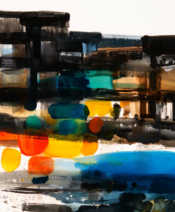 An abstract expressionist painting with bold black brushstrokes across the top and vibrant multicolored blocks of red, yellow, blue, green, and orange below.