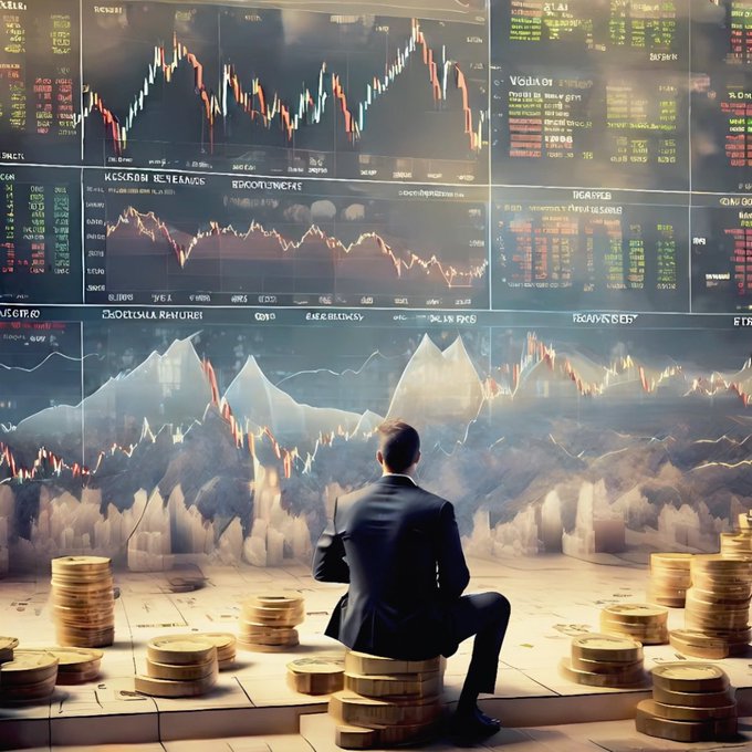 A businessman sits contemplatively on stacked coins, gazing up at massive screens displaying volatile stock charts, candlestick patterns, and complex financial data—visually capturing the cautious warning about blindly chasing high returns in crypto, stocks, or real estate without truly understanding the risks.