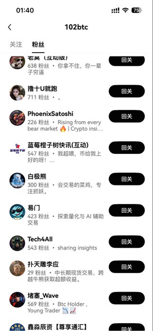 A mobile app screenshot showing a user profile page for '102btc' with a 'Fans' (粉丝) tab selected, displaying a list of crypto-related accounts with follower counts and Chinese bios, each with a 'Follow Back' (回关) button.