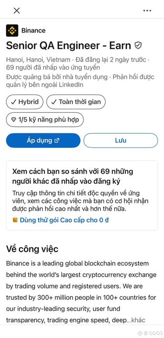 A LinkedIn job posting screenshot from Binance for a 'Senior QA Engineer' position based in Hanoi, Vietnam, marked as 'Hybrid' and 'Toàn thời gian'.