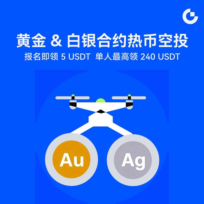 A promotional graphic in Chinese advertising a gold and silver contract airdrop, featuring a drone delivering 'Au' (gold) and 'Ag' (silver) symbols, offering up to 240 USDT per person.