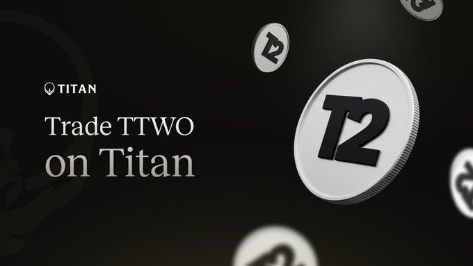 A dark promotional graphic for Titan features metallic silver coin tokens bearing the "T2" logo floating across the frame, with text reading "TITAN — Trade TTWO on Titan" prominently displayed on the left side, visually supporting the announcement of tokenized Take-Two (TTWO) trading on the platform.