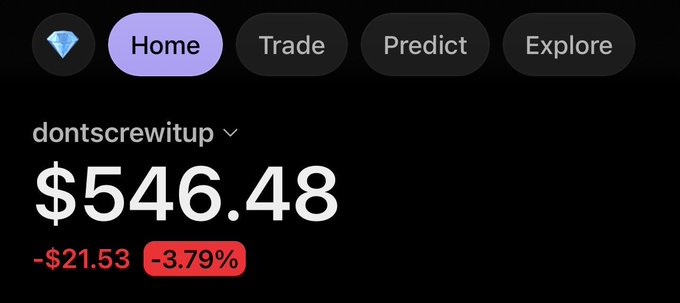 Financial portfolio screen showing the username 'dontscrewitup' with a balance of $546.48, displaying a loss of -$21.53 (-3.79%) in red, with navigation tabs for Home, Trade, Predict, and Explore.