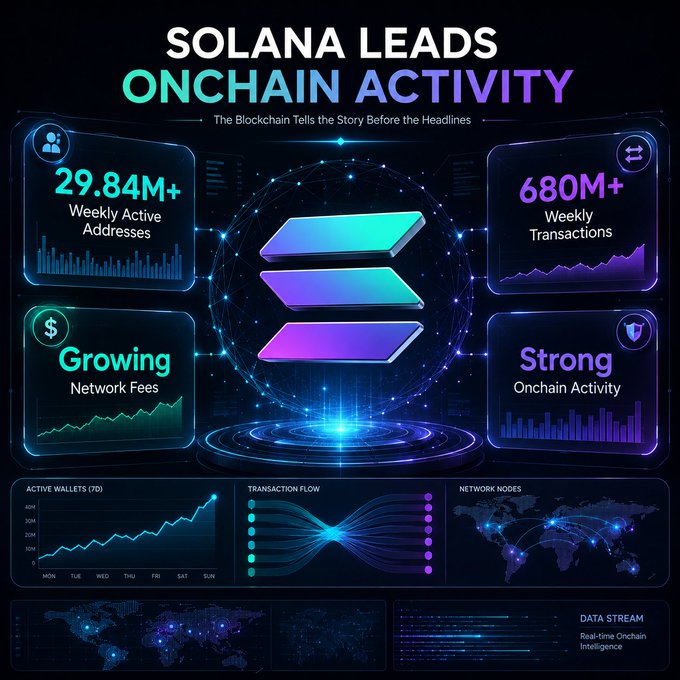 Infographic titled 'SOLANA LEADS ONCHAIN ACTIVITY' showing 29.84M+ Weekly Active Addresses, 680M+ Weekly Transactions, Growing Network Fees, and Strong Onchain Activity, with charts for active wallets, transaction flow, and network nodes.
