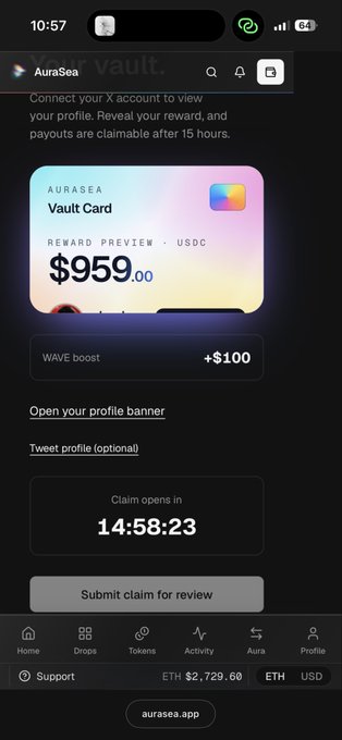 Mobile screenshot of the AuraSea app showing a 'Vault Card' reward preview of $959.00 USDC, with a claim timer at 14:58:23 and the website aurasea.app at the bottom.