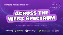A purple-themed promotional graphic titled 'Bonding with Partners #85' with the headline 'ACROSS THE WEB3 SPECTRUM' featuring partners Sproutly, Whitebridge, Harmonic, and Saito.