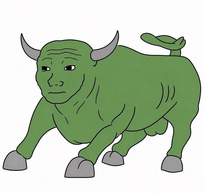 An illustration of a green cartoon bull with gray horns and hooves, depicted in the Wojak-style meme art.
