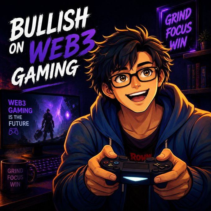 An anime-style illustration of an enthusiastic young man with glasses holding a game controller, surrounded by the text 'BULLISH ON WEB3 GAMING' and 'GRIND FOCUS WIN'.