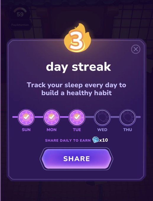 Mobile app pop-up celebrating a 3-day streak for tracking sleep, showing completed checkmarks for Sunday, Monday, and Tuesday, with a 'SHARE' button offering a 10x token reward and a PayAttention logo.