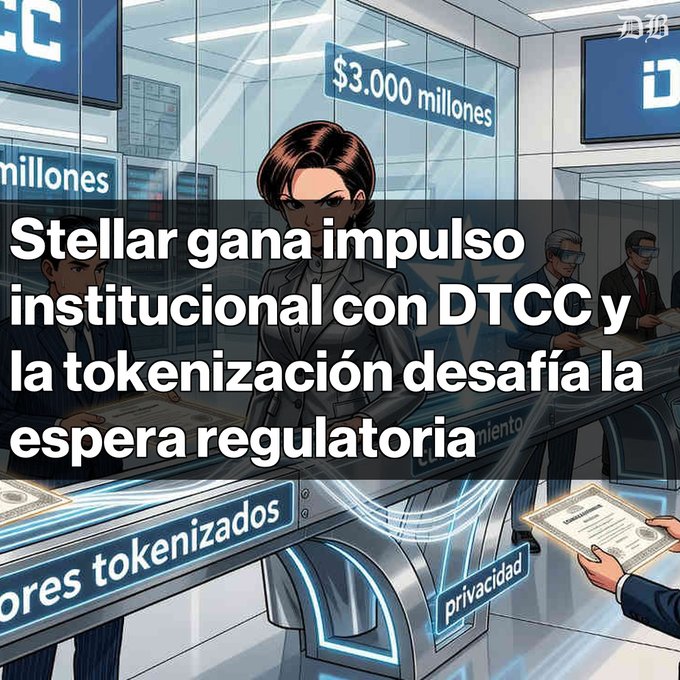 The image shows an illustration of a person standing at a desk with a certificate in front of them. The certificate appears to be related to cryptocurrency or tokenization, as indicated by the text "Ingreso de Stellar al mundo institucional con DTCC". The person is holding a piece of paper that says "Puerto", which could possibly be a name for an organization or project related to tokenization.