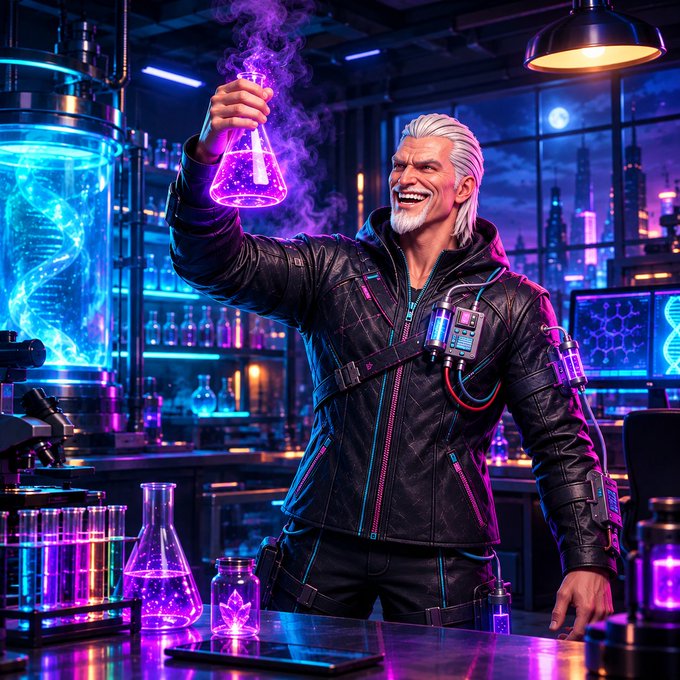 A silver-haired man in a futuristic black leather jacket with glowing cyan accents laughs maniacally while holding up a beaker of glowing purple liquid in a neon-lit cyberpunk laboratory.