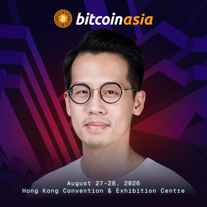 A promotional poster for 'bitcoin asia' featuring a man with glasses, dated August 27-28, 2026, at Hong Kong Convention & Exhibition Centre.