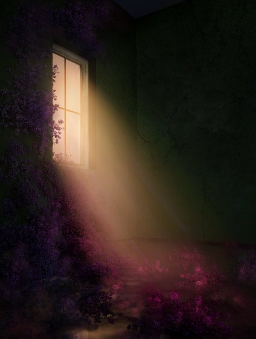 A digital artwork showing a window with sunlight streaming into a corner of an old room, with purple flowers and vines overgrowing the walls and floor.