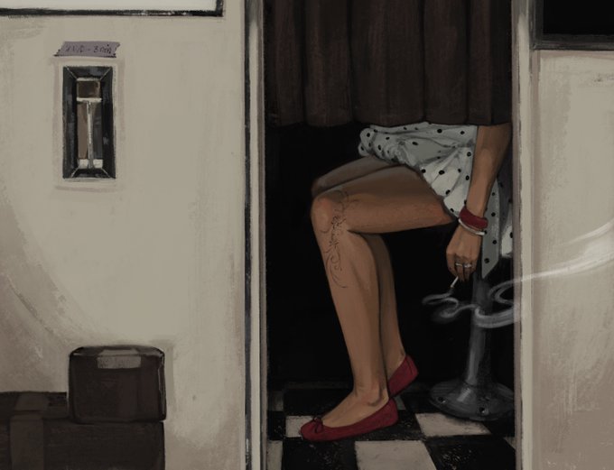 A digital painting shows a woman sitting on a stool in a restroom stall, smoking a cigarette; she wears a polka-dot top and red flats, with a tattoo visible on her thigh.
