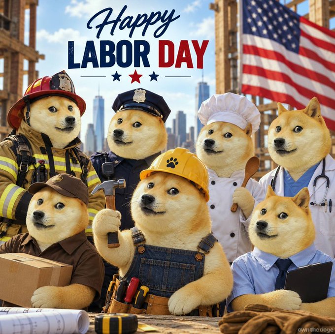 A festive "Happy Labor Day" graphic features Shiba Inu dogs dressed as various professionals—a firefighter, police officer, chef, doctor, delivery worker, construction worker, and office worker—posed proudly in front of an American flag and city skyline. The image celebrates the contributions of workers across different industries, perfectly matching the holiday's spirit of honoring the labor force.