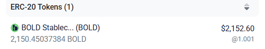 ERC-20 Tokens portfolio view showing a BOLD Stablecoin (BOLD) balance of 2,150.45037384 BOLD valued at $2,152.60 at a rate of 1.001 per token.