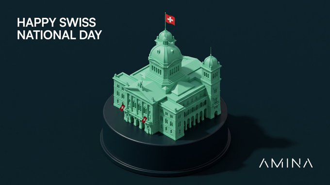 A 3D-rendered illustration celebrating Swiss National Day, featuring a green miniature model of a government building with a Swiss flag on top, displayed on a black pedestal with the AMINA logo.