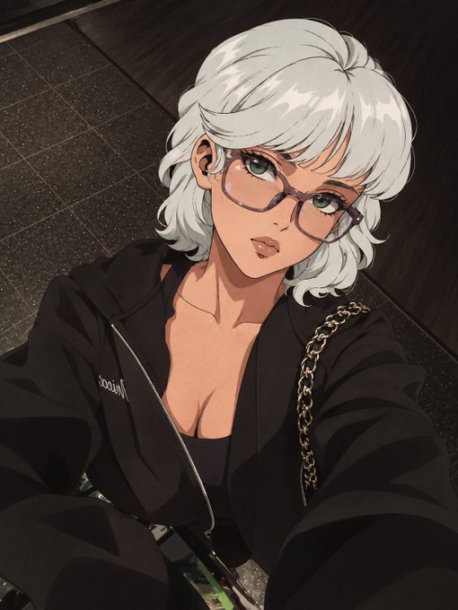 Anime illustration of a stylish young woman with short white hair and glasses, wearing a black zip-up hoodie and gold chain bag strap.