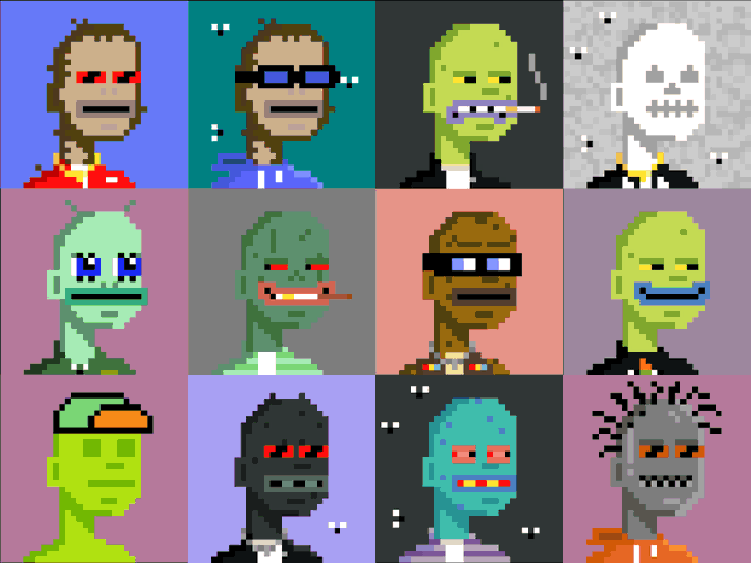 A pixel art collage displaying twelve character portraits with various skin tones (green, gray, zombie) and accessories like sunglasses and cigarettes against colorful backgrounds.