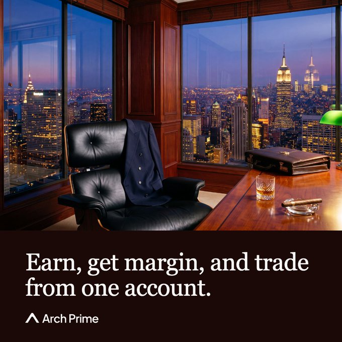 An upscale office with a leather chair draped in a navy blazer overlooks a glittering city skyline at dusk, accompanied by the tagline "Earn, get margin, and trade from one account" and the Arch Prime logo. The luxurious high-rise setting reinforces the post's message about unlocking credit from assets by conveying sophistication and financial prestige.