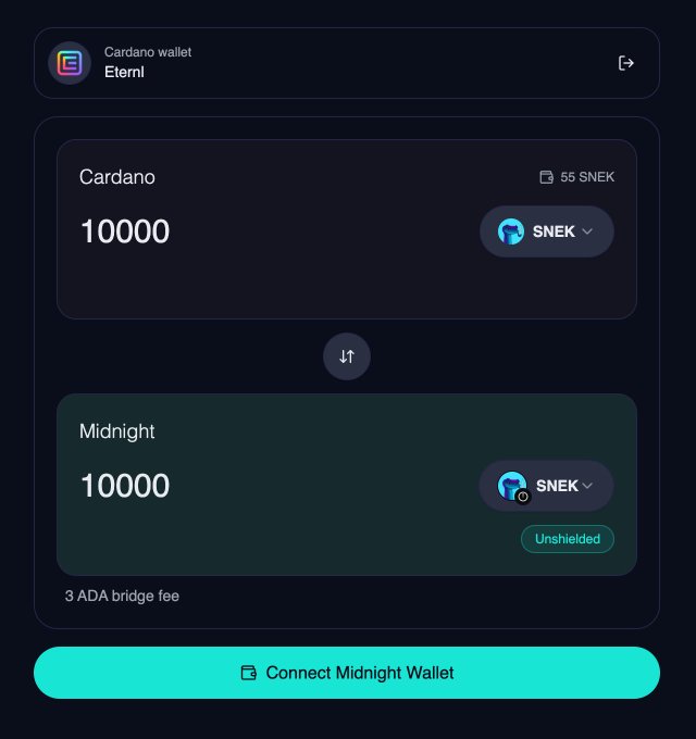 A cryptocurrency swap interface showing a Cardano wallet (Eternl) swapping 10000 Cardano (55 SNEK) to 10000 Midnight (SNEK) with a 3 ADA bridge fee and a 'Connect Midnight Wallet' button.