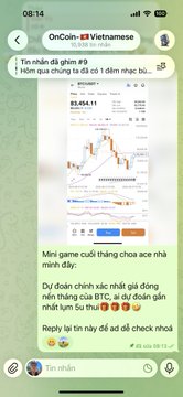 A Telegram chat screenshot titled 'OnCoin 🇻🇳 Vietnamese' discusses Bitcoin with text in Vietnamese and displays a BTC chart at $83,654.11.