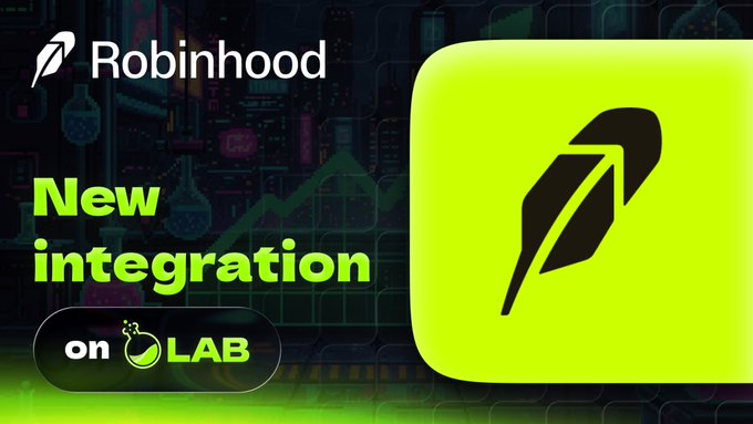 A promotional graphic announces 'Robinhood New integration on LAB' featuring the green Robinhood feather logo.
