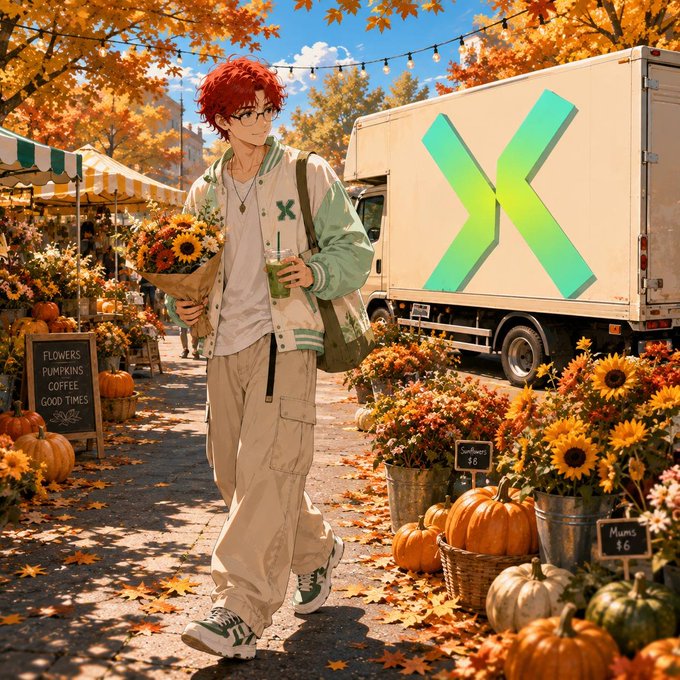An anime-style illustration depicts a red-haired young man holding sunflowers and an iced drink at an autumn market, standing next to a white truck with a large green 'X' logo and surrounded by pumpkins.