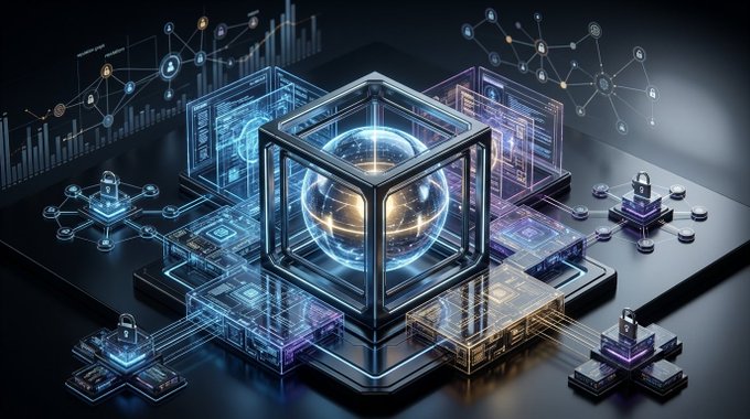 A futuristic digital illustration depicting a glowing sphere inside a transparent cube surrounded by holographic data panels, padlocks, and blockchain-style network nodes.