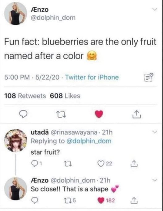 A screenshot of a Twitter exchange where user Ænzo (@dolphin_dom) tweets 'Fun fact: blueberries are the only fruit named after a color 😊', and a reply by utadä suggesting 'star fruit?' is met with the response 'So close!! That is a shape 💞'.