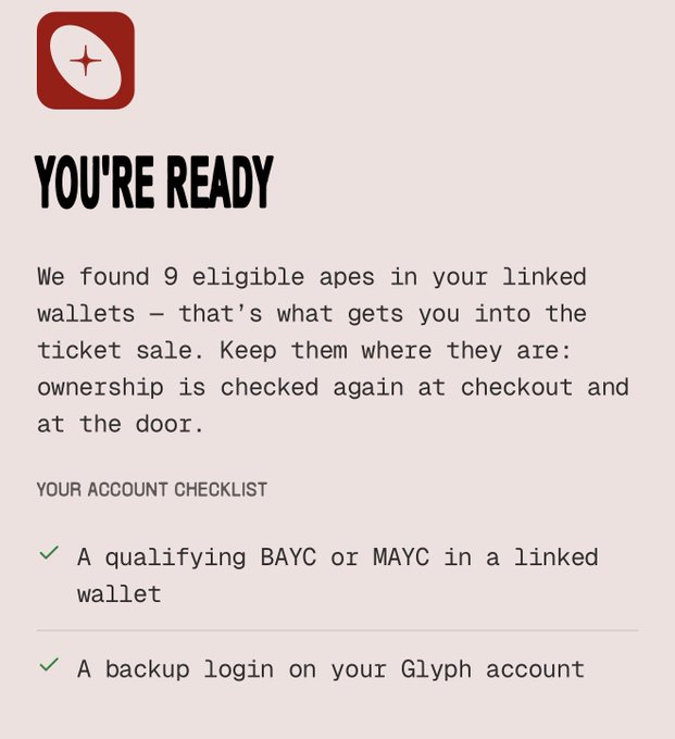 A 'YOU'RE READY' confirmation screen stating 'We found 9 eligible apes in your linked wallets' with an account checklist showing completed items: a qualifying BAYC or MAYC in a linked wallet and a backup login on a Glyph account.