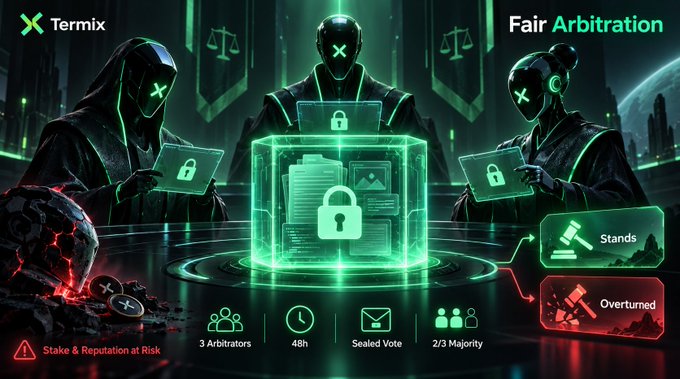 A promotional graphic for 'Termix' titled 'Fair Arbitration' featuring three hooded figures with glowing green 'X' symbols, showcasing a locked document cube with metrics like '3 Arbitrators', '48h', 'Sealed Vote', '2/3 Majority', and outcome options 'Stands' or 'Overturned', with a warning 'Stake & Reputation at Risk'.