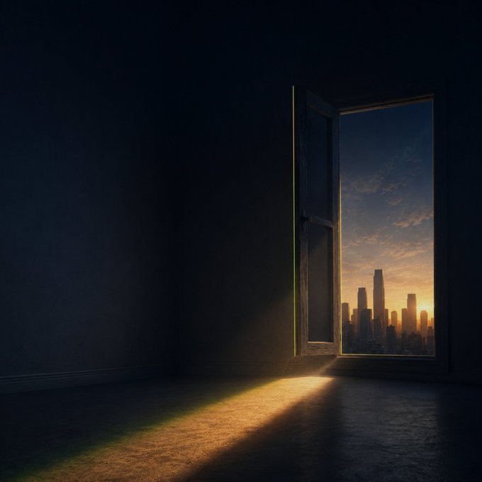 A dark, empty room with an open window revealing a glowing city skyline at sunrise, with warm golden light spilling across the floor—visually echoing the post's message of pushing open the door to "see more possibilities."