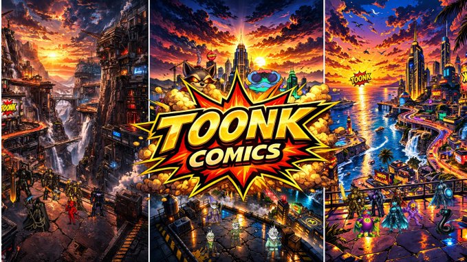 A vibrant comic-style triptych featuring the "TOONK COMICS" logo in a starburst design across the center, surrounded by colorful cityscape and waterfront scenes at sunset.