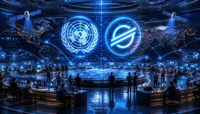 A futuristic sci-fi command center with two large glowing blue circular displays - one featuring the United Nations emblem and the other showing the Stellar (XLM) cryptocurrency logo - with people working at computer stations around a central holographic map.