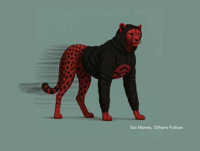 A red cheetah with black spots wears a black hoodie featuring a logo, standing against a teal background with motion blur suggesting speed. The text "Sei Moves, Others Follow" appears in the bottom right, reinforcing the post's claim that $SEI is the fastest Layer-1 blockchain.