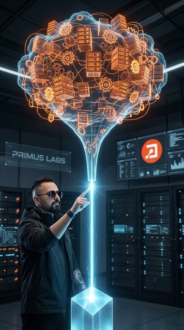 A futuristic scene shows a man in sunglasses pointing toward a glowing holographic brain filled with servers and digital networks, labeled 'PRIMUS LABS' in a high-tech room.