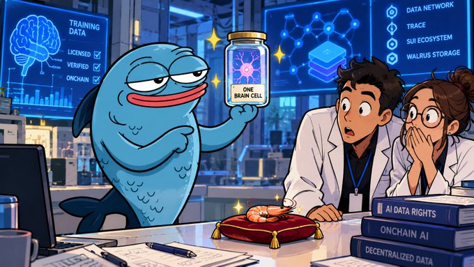 An anime-style illustration depicts a cartoon fish holding a "ONE BRAIN CELL" jar while two scientists look on in surprise, with background labels including "TRAINING DATA" and "ONCHAIN AI".