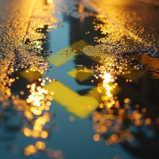 The image shows a close-up view of a wet street with puddles, reflecting the surrounding lights. The reflections create an interesting visual effect that captures attention. The text "Quando você vai viajar, troca real por dólar. No mundo cripto, o Binance Convert faz a mesma coisa: você troca um ativo por outro em poucos cliques". This message encourages people to share their experiences and knowledge about the cryptocurrency market with others through social media platforms like Twitter or Instagram.