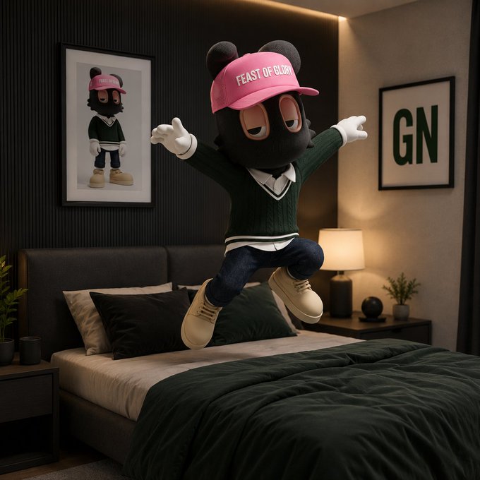 A black cartoon character wearing a pink 'FEAST OF GLORY' cap, green sweater, and jeans is shown jumping on a bed in a modern bedroom, with framed 'GN' artwork on the wall.