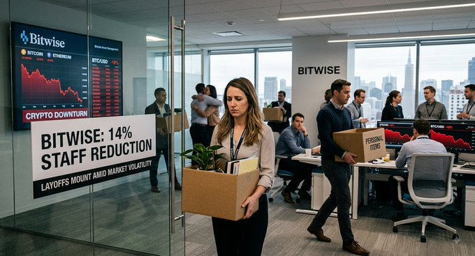 A woman carries a box of personal belongings out of Bitwise's office as other employees gather belongings amid a "BITWISE: 14% STAFF REDUCTION" headline, with screens displaying a "CRYPTO DOWNTURN" and BTC/USD charts showing steep declines—visually capturing the firm's 14% layoff wave hitting the crypto industry alongside cuts at Polygon Labs, BitGo, and Coinbase during the market downturn.