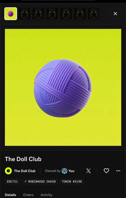 A digital NFT listing for 'The Doll Club' (Token #3196 on Robinhood Chain, ERC721), featuring a purple ball of yarn centered on a yellow-green background, owned by 'You'.