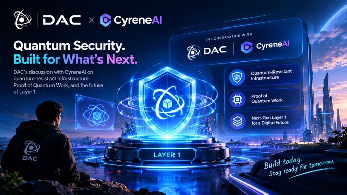 A futuristic promotional graphic for DAC and CyreneAI partnership, featuring the tagline 'Quantum Security. Built for What's Next.' and highlighting 'Quantum-Resistant Infrastructure', 'Proof of Quantum Work', and 'Next-Gen Layer 1 for a Digital Future' on Layer 1.