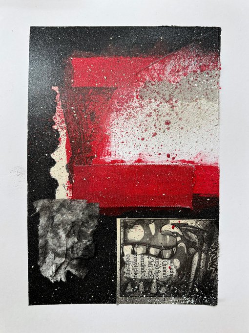 An abstract mixed-media artwork combines black and red textures, collage fragments, and faint text including the word "Creation".