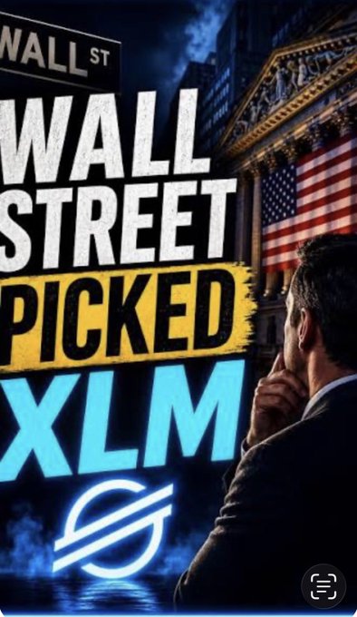 A promotional graphic featuring the text 'WALL STREET PICKED XLM' with a man in a suit looking thoughtfully toward the New York Stock Exchange and an American flag.