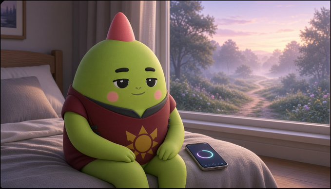 A green cartoon character with a pink pointed head sits on a bed next to a smartphone displaying a loading circle, with a window showing a scenic path in the background.