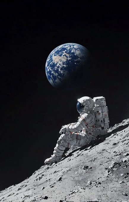An artistic rendering of an astronaut sitting on the rocky surface of the moon, looking out at Earth against a dark, starry sky.